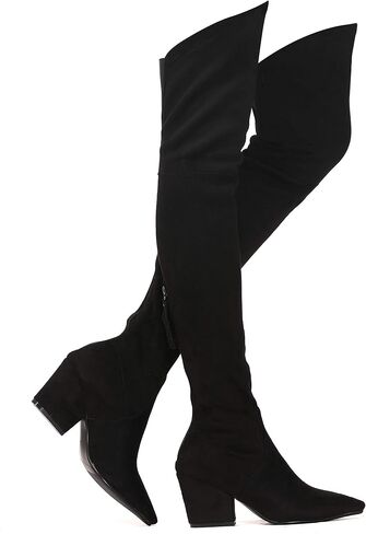 Shoe'N Tale Stretch Suede Thigh High Boots Chunky Heel Over The Knee(8,Black) in Saudi Arabia