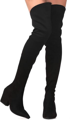 Shoe'N Tale Stretch Suede Thigh High Boots Chunky Heel Over The Knee(8,Black) in Saudi Arabia