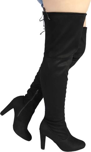 حذاء نسائي فوق الركبة - حذاء طويل مثير وواسع عند الفخذ - حذاء بكعب عصري - حذاء مريح أسود 9W in Kuwait
