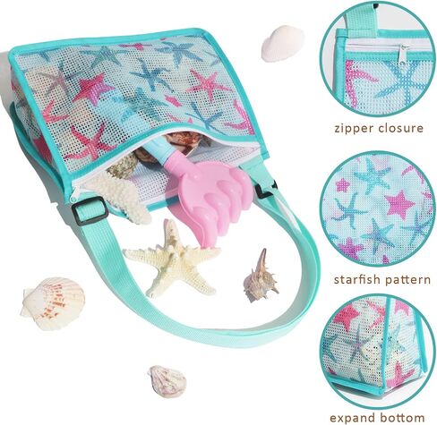 Shell Bag for Kids Mesh Beach Bag Sand Toys Mesh Seashell Bag Beach Toy Shell Collecting Bag Beach Tote Crossbody Bag for Boys and Girls Beach Accessories(Starfish) in Saudi Arabia