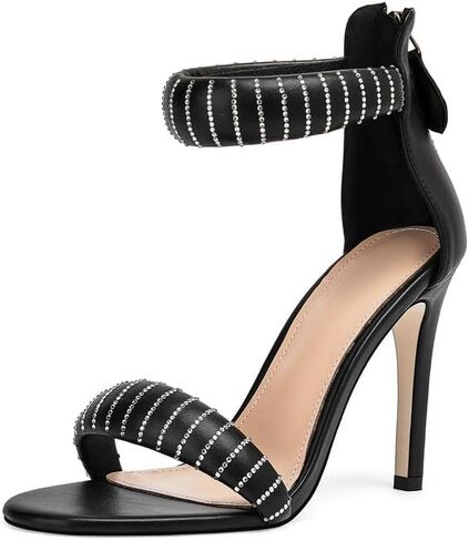 Women's Ankle Strap Stiletto Heels Sandals With Rhinestone Back Zipper Round Open Toe High Heels Prom Party Sexy Heeled Sandals in Saudi Arabia
