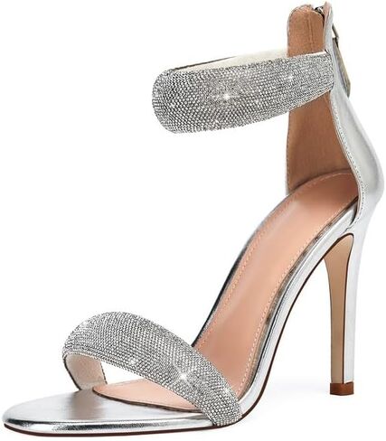 Women's Ankle Strap Stiletto Heels Sandals With Rhinestone Back Zipper Round Open Toe High Heels Prom Party Sexy Heeled Sandals in Saudi Arabia