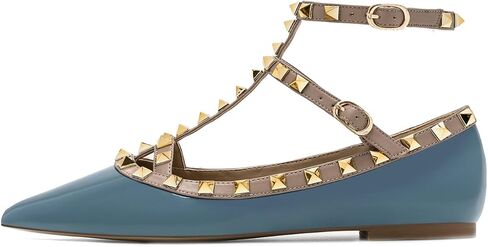 Women's Closed Pointed Toe Studs T-Strap Flat Shoes Fashion Adjustable Ankle Strap Rivet Gladiator Flats Dress Shoes for Work Party in Saudi Arabia