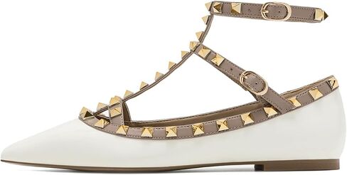 Women's Closed Pointed Toe Studs T-Strap Flat Shoes Fashion Adjustable Ankle Strap Rivet Gladiator Flats Dress Shoes for Work Party in Saudi Arabia