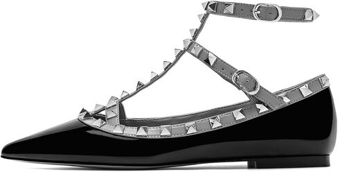 Women's Closed Pointed Toe Studs T-Strap Flat Shoes Fashion Adjustable Ankle Strap Rivet Gladiator Flats Dress Shoes for Work Party in Saudi Arabia