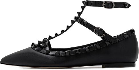 Women's Closed Pointed Toe Studs T-Strap Flat Shoes Fashion Adjustable Ankle Strap Rivet Gladiator Flats Dress Shoes for Work Party in Saudi Arabia
