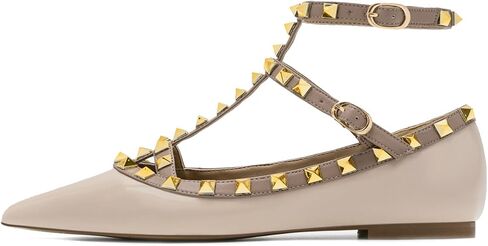 Women's Closed Pointed Toe Studs T-Strap Flat Shoes Fashion Adjustable Ankle Strap Rivet Gladiator Flats Dress Shoes for Work Party in Kuwait
