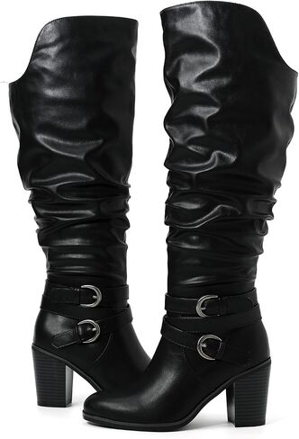 Luoika Women's Extra Wide Calf Cowboy Knee High Boots, Wide Width Cowgirl Slouchy Knee-High Boots Chunky Pump Heel Plus Size Western Boots. in Saudi Arabia