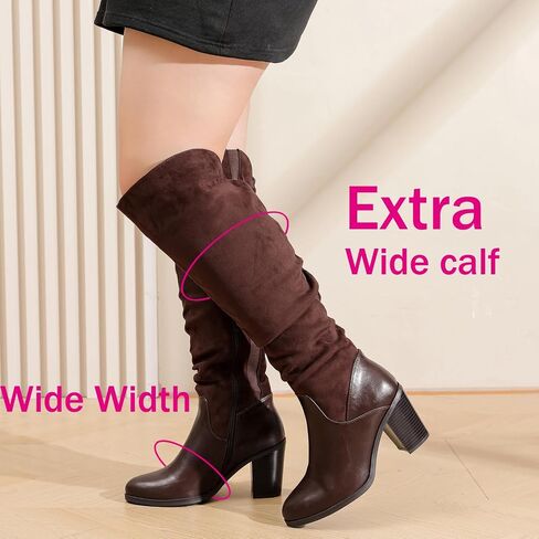 Luoika Women's Extra Wide Calf Cowboy Knee High Boots, Wide Width Cowgirl Slouchy Knee-High Boots Chunky Pump Heel Plus Size Western Boots. in Saudi Arabia