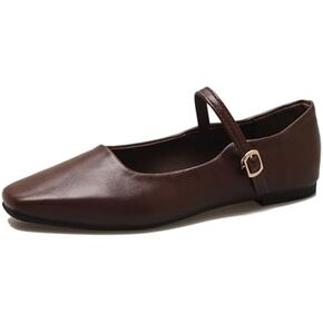 Women's Classic Leather Square Toe Flat Mary Jane Shoes Fashion Slip On Buckle Casual Ballet Shoes Comfortable Closed Toe Office Work Dress Shoes