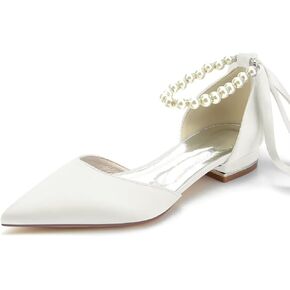 JOEupin Women Pointed Toe Pearl Wedding Flats Satin Flat Bridal Shoes for Bride Prom Evening Bridal Party Dress Flats