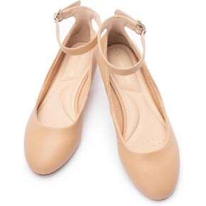 Ballet Flat Shoes for Women with Ankle Strap Low Wedge Heel, Cute Flats for Women, Comfortable Casual Dress Shoes