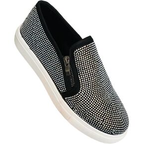 Women's Rhinestone Sparkly Zipper Slip-on Sneaker Casual Flat Loafers