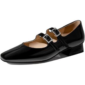 Women's Fashion Square Toe Mary Jane Pumps Low Chunky Heel Double Strap Mary Jane Shoes Slip On Comfortable Flats Shoes for Ladies Size 5.5-12US
