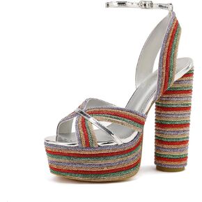 Women's Pumps Rhinestone High Heels diamond inlaid craft sandals for Women Chunky Strappy Closed Toe Dress Shoes color Heels