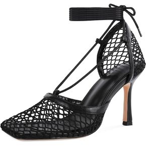 SAMMITOP Women's Square Toe Mesh Lace Up Strappy Sexy Heels Sandals Stiletto High Heel Closed Toe Summer Dress Shoes 3.5 Inch