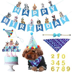 Dog Cat Birthday Party Supplies, Boy Dog Birthday Bandana Set with Cute Dog Bowtie, Scarf, Birthday Banner,Balloons and Hat with Numbers for Small Medium Dogs,Blue Dog Birthday Outfit Dog Presents
