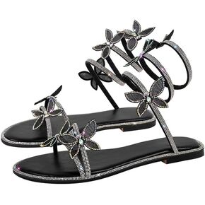 LISHAN Women's Diamante Butterflies Straps Slingback Wrap Around Ankle Flats Sandals