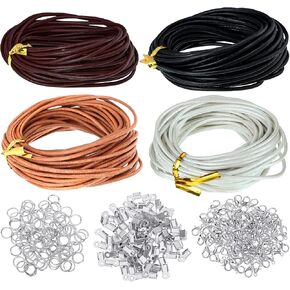 Leather Cord for Jewelry Making Kit, 24 Meters 2 mm Wide Leather Cord Leather Jewelry Rope and 250 Pieces Jewelry Findings Necklace Bracelets Craft Twine Accessories (Classic Colors)