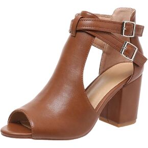 Women's Peep Toe Sandals Side Cutout Chunky high Heel Adjustable Buckle | Summer booties, dressy, breathable, stacked, wide footbed, non-slip, ankle strap, all-day comfort, for parties, casual, work in Saudi Arabia