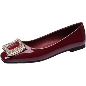 Womens Patent Leather Comfort Square Toe Ballets Flats Closed Toe Rhinestone Slip On Dress Shoes for Wedding Driving Dating Classical Walking Shoes