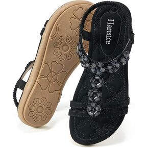 HARENCE Women's Summer Flat Sandals: Comfortable Bohemian Beaded Flats Shoes Elastic Ankle T-Strap Casual Slip on Beach Dress Sandals for Women
