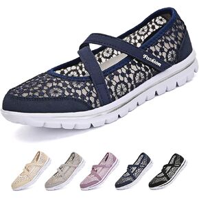 Women's Lace Mesh Adjustable Breathable Flat Walking Shoes Casual Non-Slip Lightweight Sneakers Comfortable Slip-On Shallow Mouth Mom Shoes Nurse Working Shoes Mary Jane Shoes