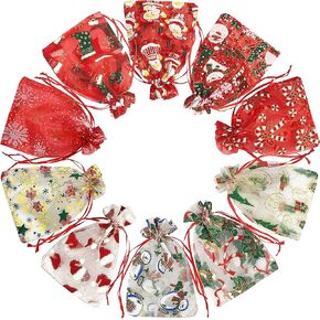 Jexila 24PCS Christmas Organza Gift Bag 4X6 with Drawstring 11 Mix Pattern Small Goodie Candy Party Favor Xmas Gift Bags