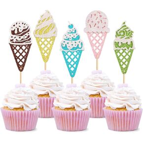 Ercadio 25 Pack Ice Cream Cupcake Toppers Glitter Cupcake Picks for Baby Shower Birthday Summer Hawaii Theme Party Cake Decorations Supplies Ice Cream 8