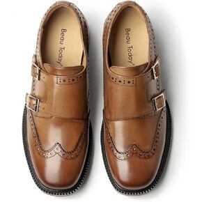 BEAU TODAY Loafers for Women, Monk Strap Brogue Leather loafer Shoes for Women, Comfortable Square Toe Loafer Flats, Business Casual Vintage Dress Shoes