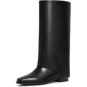 Modatope Mid Calf Boots for Women Fold Over Boots Square Toe Flat boots Slouch Riding Boots Slip On Shark Boots