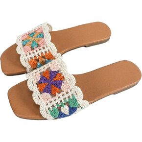 Verdusa Women's Crochet Flat Sandals Square Open Toe Slide Sandals Colorblock Trim Sandals