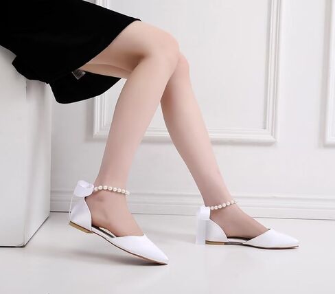 JOEupin Women Pointed Toe Pearl Wedding Flats Satin Flat Bridal Shoes for Bride Prom Evening Bridal Party Dress Flats in Saudi Arabia