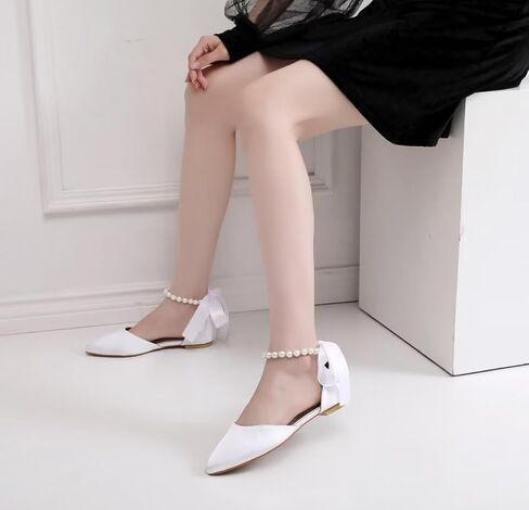 JOEupin Women Pointed Toe Pearl Wedding Flats Satin Flat Bridal Shoes for Bride Prom Evening Bridal Party Dress Flats in Saudi Arabia