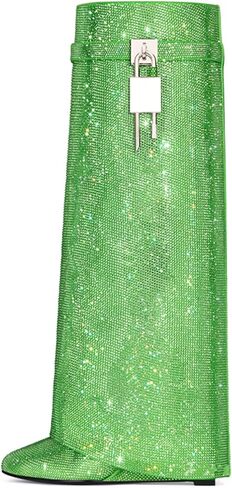 Boots Women's Wedge Boots Knee High Pull on Pointed Fold Over Wedge Heel Boots Womens Sparkly Rhinestone Boots Fold Over padlock Knee High Wedge Heel Pointed Toe Pull-On Tall Boots in Kuwait