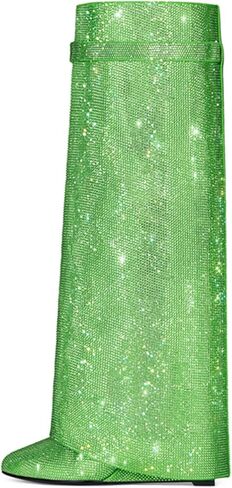 Boots Women's Wedge Boots Knee High Pull on Pointed Fold Over Wedge Heel Boots Womens Sparkly Rhinestone Boots Fold Over padlock Knee High Wedge Heel Pointed Toe Pull-On Tall Boots in Kuwait