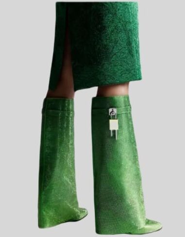 Boots Women's Wedge Boots Knee High Pull on Pointed Fold Over Wedge Heel Boots Womens Sparkly Rhinestone Boots Fold Over padlock Knee High Wedge Heel Pointed Toe Pull-On Tall Boots in Kuwait