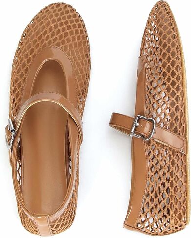 MICIFA Mesh Ballet Flats for Women, Fishnet Buckle Strap Ballerina Shoes Comfy Casual Office Flats Brown in Saudi Arabia