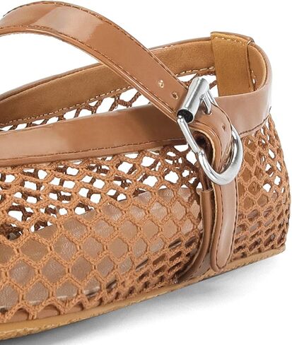 MICIFA Mesh Ballet Flats for Women, Fishnet Buckle Strap Ballerina Shoes Comfy Casual Office Flats Brown in Saudi Arabia