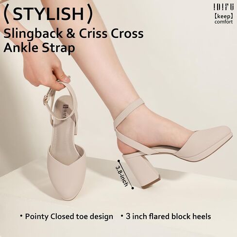 IDIFU IN3 Women's Pumps Platform Closed Toe Heels Comfortable Low Chunky Block Slingback Ankle Strap Heels Dressy Wedding Bridal Party Dress Pumps Shoes Pointed Toe Heels for Women in Saudi Arabia