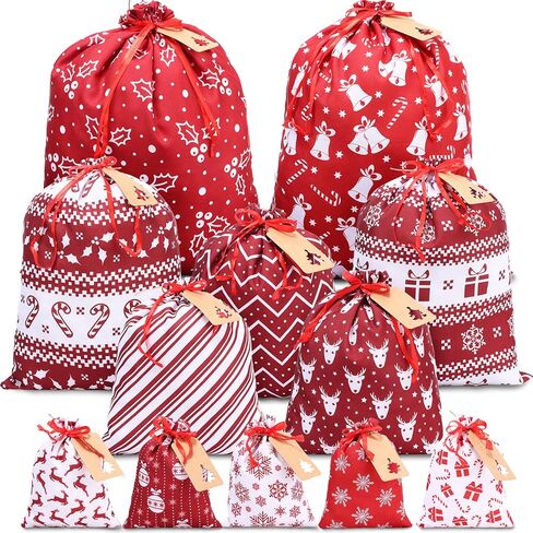12 قطعة من أكياس هدايا عيد الميلاد برباط من Abbylike، مقاسات متنوعة، أكياس عيد الميلاد قابلة لإعادة الاستخدام، أكياس قماش من القماش سانتا جودي مع العلامات والحبال من أجل هدايا حفلات العطلات، مقاس كبير متوسط ​​صغير (لطيف) in Kuwait