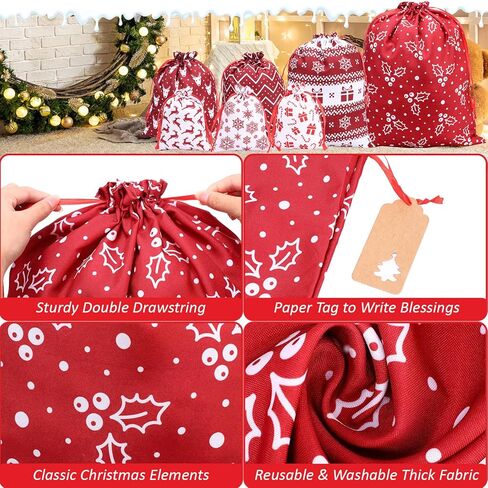 12 قطعة من أكياس هدايا عيد الميلاد برباط من Abbylike، مقاسات متنوعة، أكياس عيد الميلاد قابلة لإعادة الاستخدام، أكياس قماش من القماش سانتا جودي مع العلامات والحبال من أجل هدايا حفلات العطلات، مقاس كبير متوسط ​​صغير (لطيف) in Kuwait