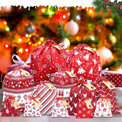 12 قطعة من أكياس هدايا عيد الميلاد برباط من Abbylike، مقاسات متنوعة، أكياس عيد الميلاد قابلة لإعادة الاستخدام، أكياس قماش من القماش سانتا جودي مع العلامات والحبال من أجل هدايا حفلات العطلات، مقاس كبير متوسط ​​صغير (لطيف) in Kuwait