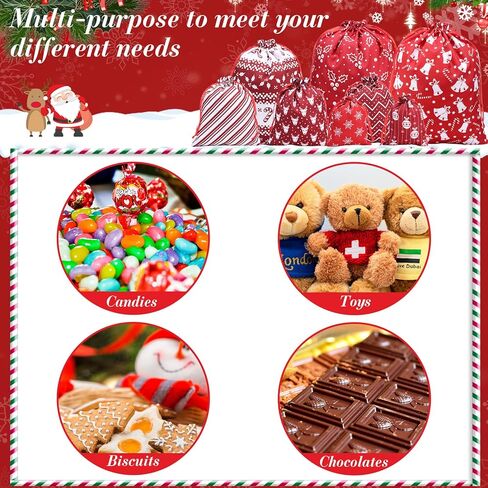 12 قطعة من أكياس هدايا عيد الميلاد برباط من Abbylike، مقاسات متنوعة، أكياس عيد الميلاد قابلة لإعادة الاستخدام، أكياس قماش من القماش سانتا جودي مع العلامات والحبال من أجل هدايا حفلات العطلات، مقاس كبير متوسط ​​صغير (لطيف) in Kuwait