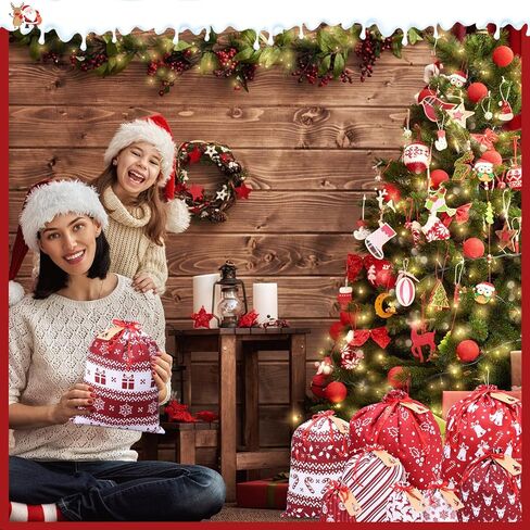 12 قطعة من أكياس هدايا عيد الميلاد برباط من Abbylike، مقاسات متنوعة، أكياس عيد الميلاد قابلة لإعادة الاستخدام، أكياس قماش من القماش سانتا جودي مع العلامات والحبال من أجل هدايا حفلات العطلات، مقاس كبير متوسط ​​صغير (لطيف) in Kuwait