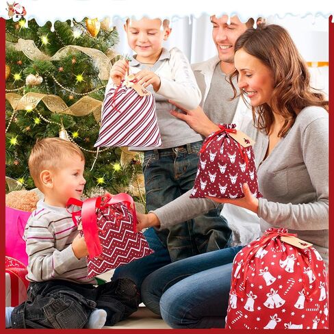 12 قطعة من أكياس هدايا عيد الميلاد برباط من Abbylike، مقاسات متنوعة، أكياس عيد الميلاد قابلة لإعادة الاستخدام، أكياس قماش من القماش سانتا جودي مع العلامات والحبال من أجل هدايا حفلات العطلات، مقاس كبير متوسط ​​صغير (لطيف) in Kuwait