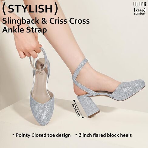 IDIFU IN3 Women's Pumps Platform Closed Toe Heels Comfortable Low Chunky Block Slingback Ankle Strap Heels Dressy Wedding Bridal Party Dress Pumps Shoes Pointed Toe Heels for Women in Saudi Arabia