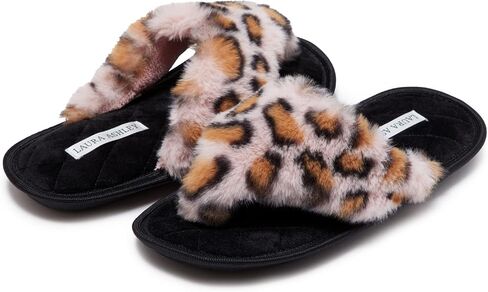 Laura Ashley Soft Plush Memory Foam Home Spa Thong Slippers for Women, Furry Leopard Print Bedroom Flip Flop Slippers in Saudi Arabia