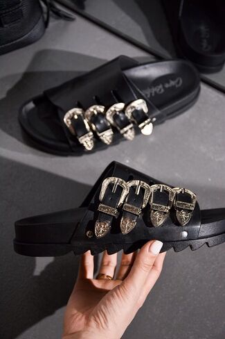 Cape Robbin Aeriela Buckle Slide Sandals for Women - Stylish Buckle Slides Casual Sandals - Comfortable Buckle Sandals for Women Summer Buckle Sandals in Saudi Arabia