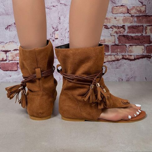 Flat Tassel Gladiator Sandals for Women Bohemian Clip-Toe Fringe Sandals in Saudi Arabia
